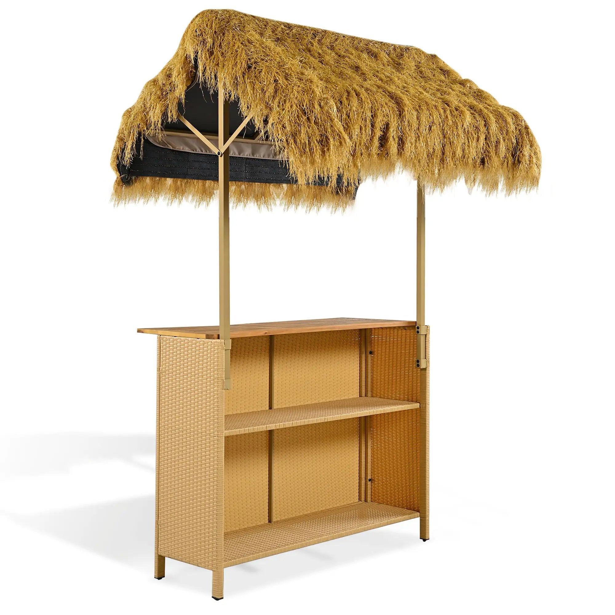 Hawaiian-Style Bar Height Patio Set With PE Grass Canopy, Outdoor Bar Table And Stools With Adjustable Feet, Acacia Wood Top, For Dining And Drinking - Natural by Unique Piece Furniture