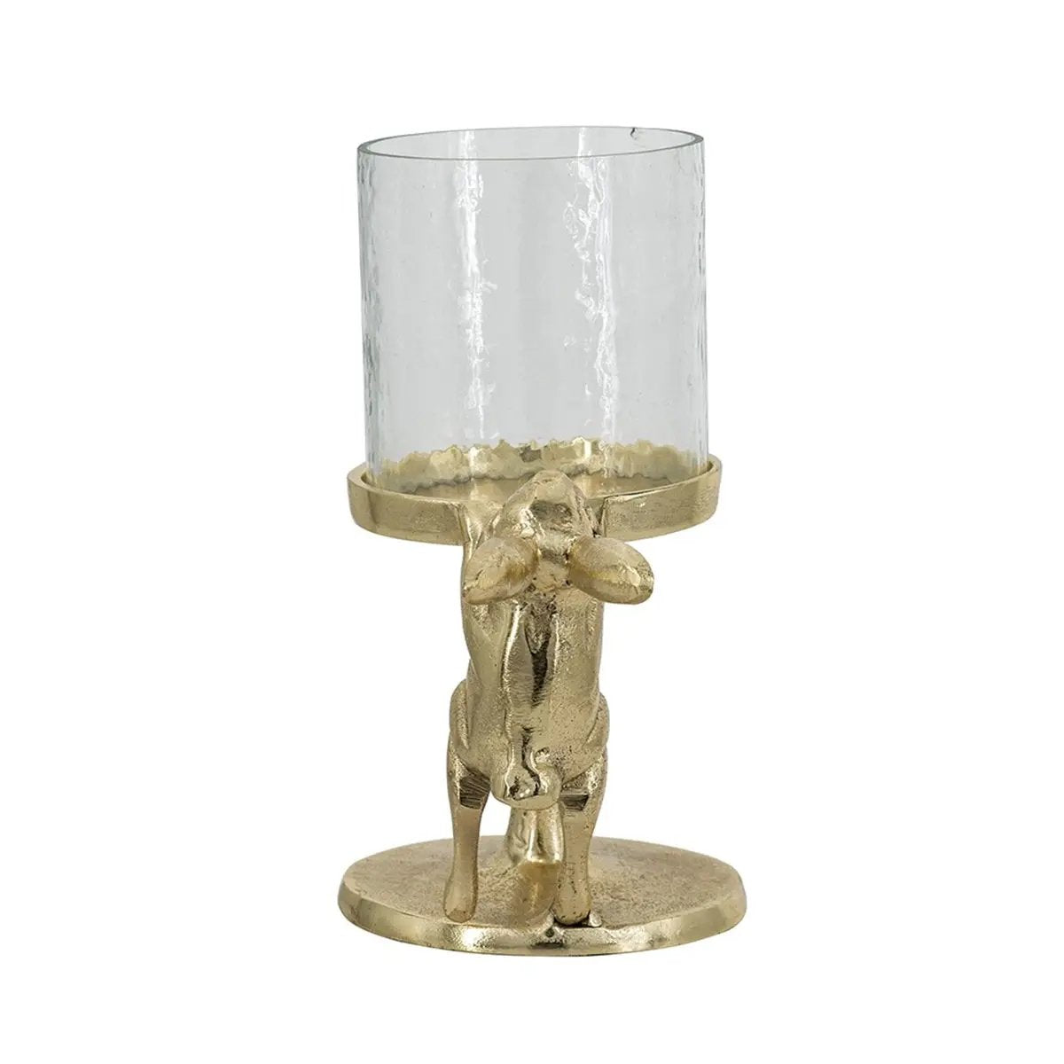 Set of 2 Gold Rabbit Pillar Candle Holders with Clear Glass Hurricane Shade by HouseOfZazla