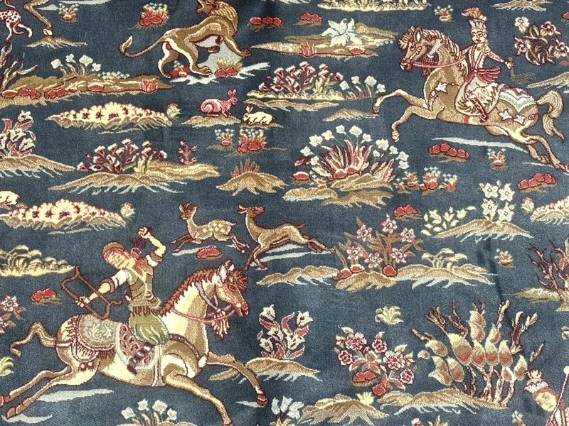 Turkish Silk Rug 5x8, Hunting Design, Animal Pictorials, Steel Blue & Ivory, Bamboo Silk by Jewel Rugs