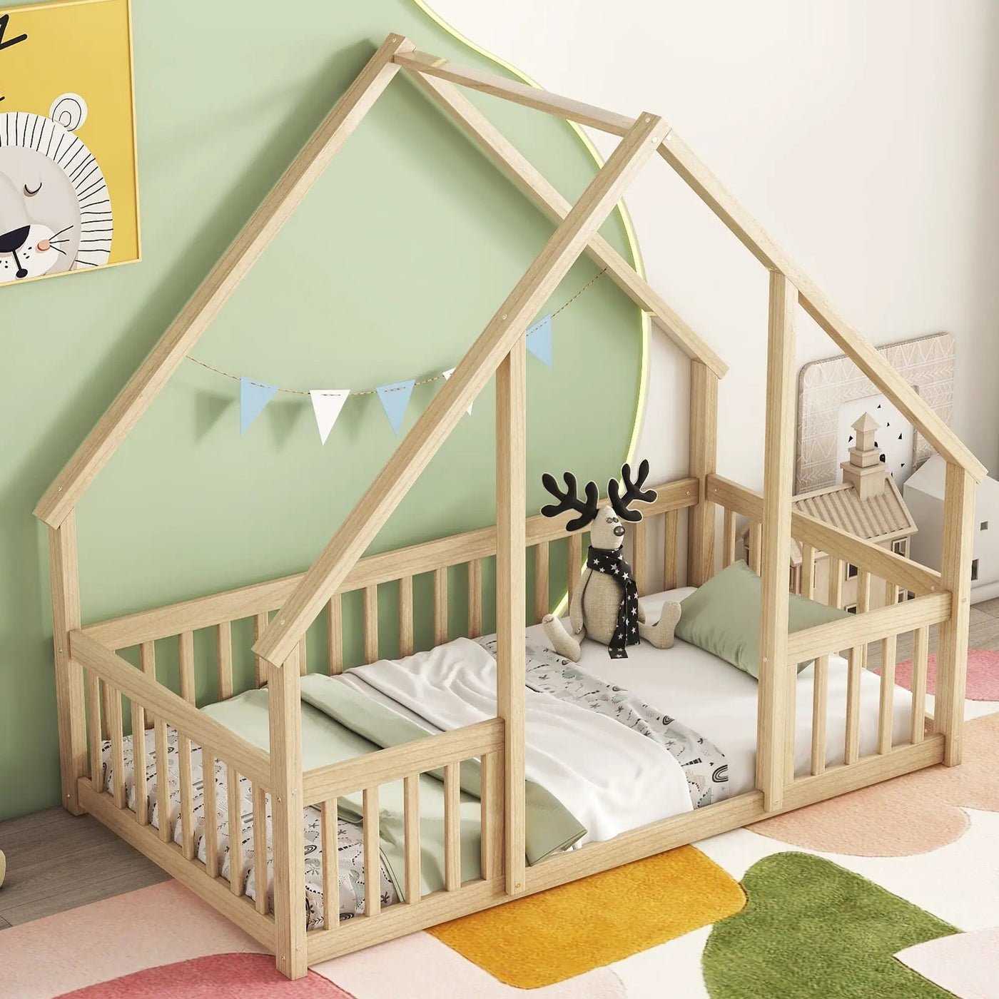 Wood House-Shaped Floor Bed With Fence, Guardrails by Unique Piece Furniture