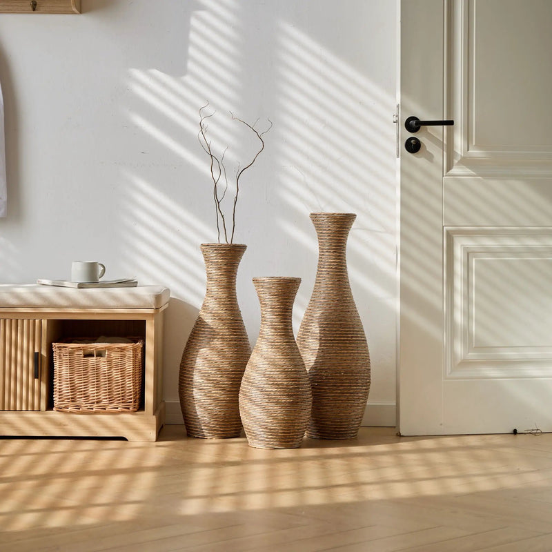 3 Piece Artificial Rattan Floor Vase Set Decorative Accent For Living Room, Hallway & Entryway, Ideal For Dried Or Silk Flower Arrangements - Beige by HouseOfZazla