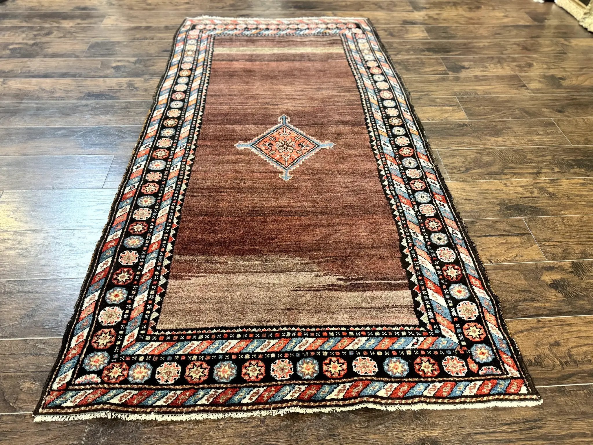 Antique Persian Rug 4x7, Sarab Tribal Wool Carpet, Brown and Multicolor, Handmade Wide Runner Rug 4 x 7, Open Field, Rainbow Border by Jewel Rugs