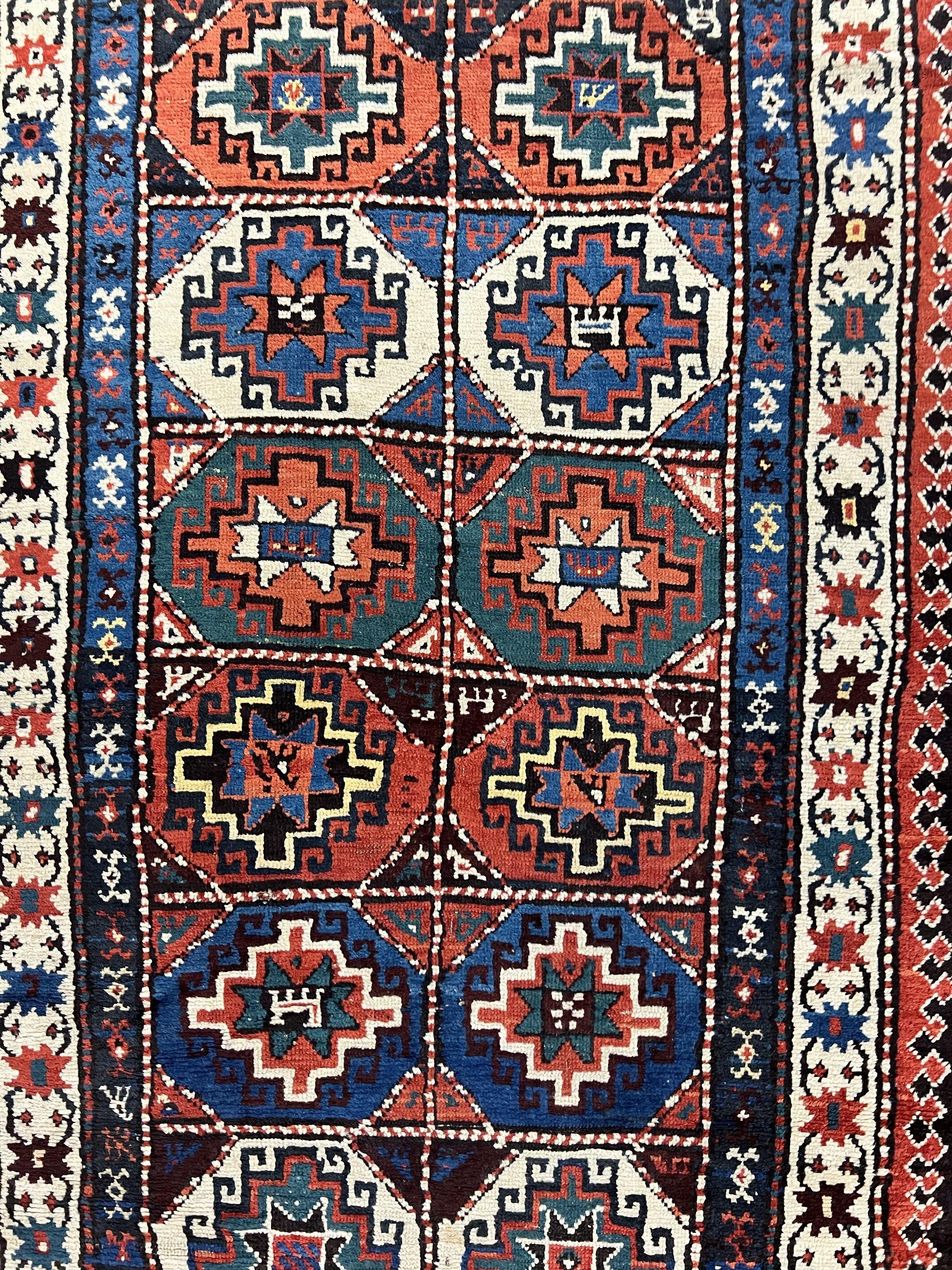 Antique Caucasian Kazak Runner Rug 4 x 9.5, Handmade Wool Rug for Hallway, Rare Colorful Panel Design Mid 19th Century 1870s Oriental Carpet by Jewel Rugs