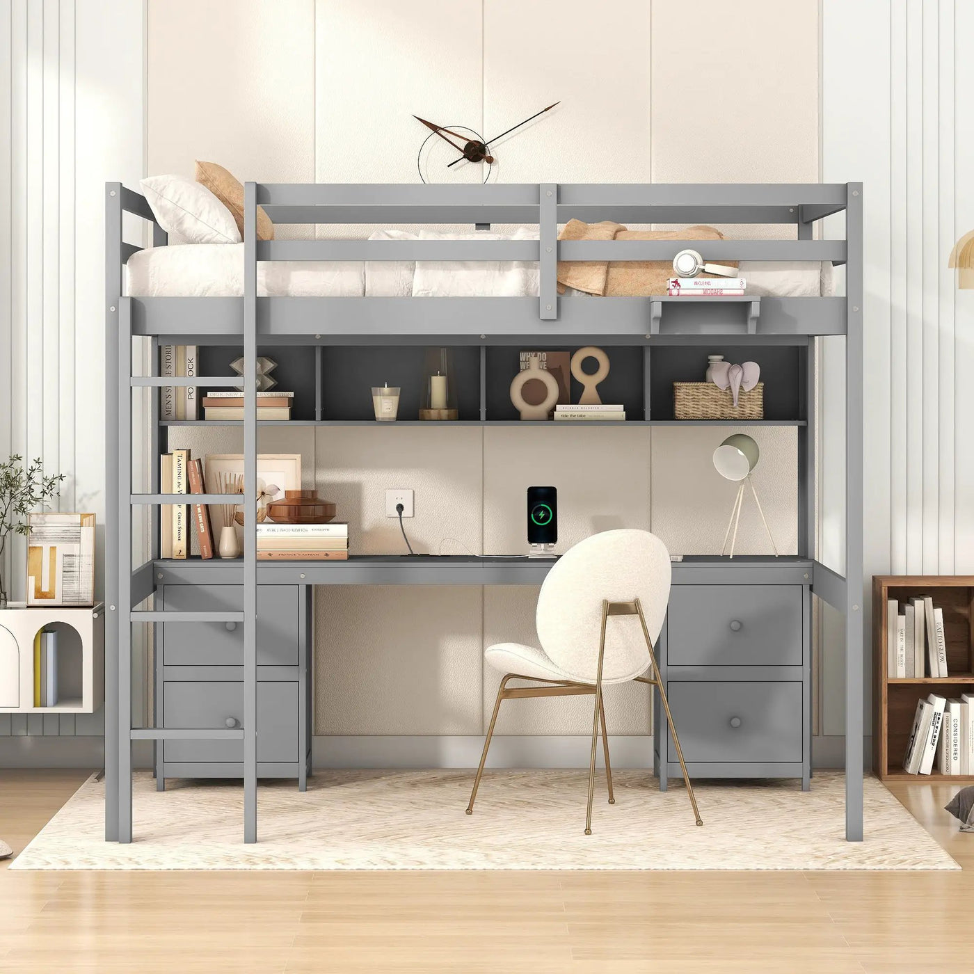 Loft Bed With Desk, Cabinets, Drawers, Charging Station And Bedside Tray by Unique Piece Furniture
