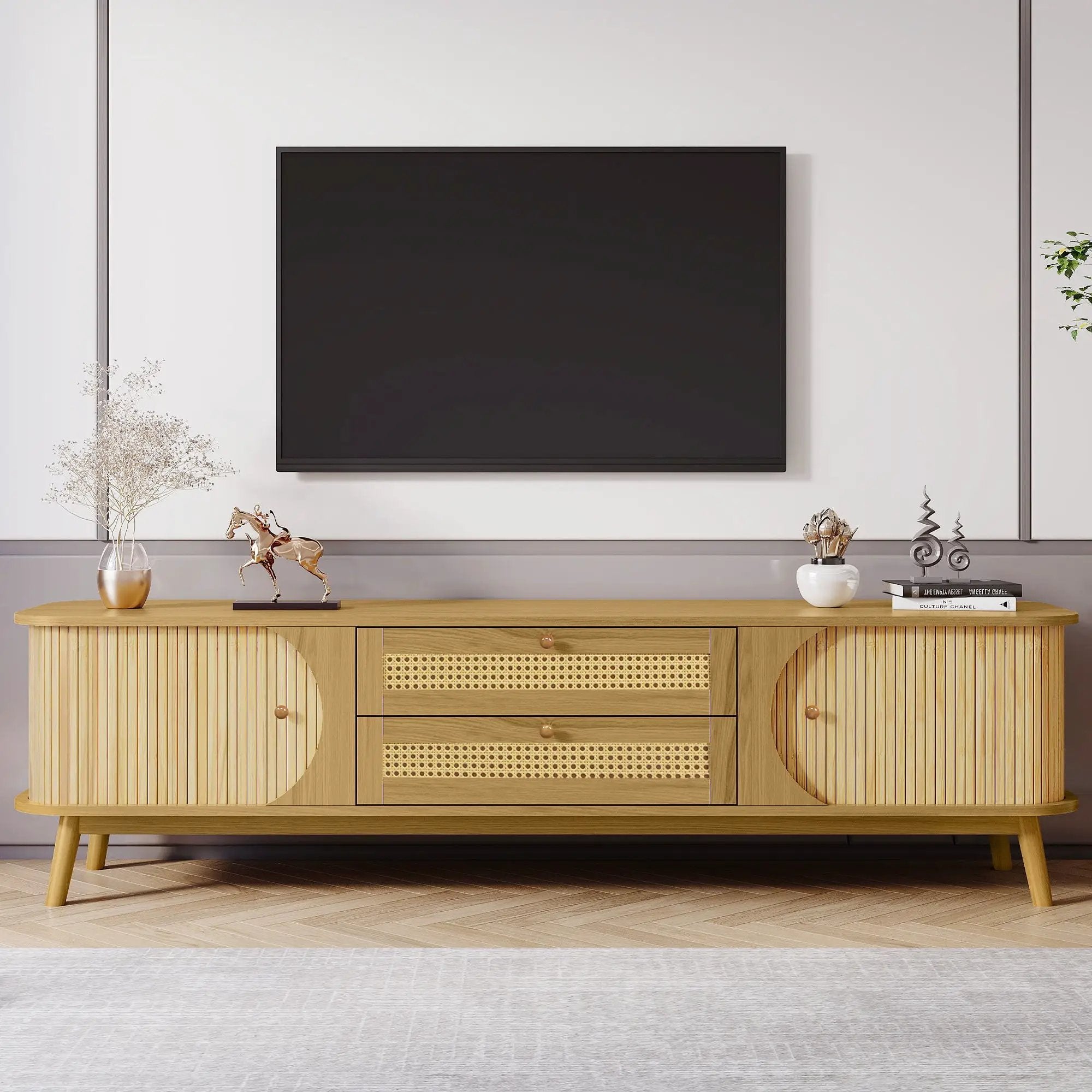 Rattan TV Stand For Tvs Up To 75'', Modern Farmhouse Media Console, Entertainment Center With Legs, TV Cabinet For Living Room, Home Theatre - Natural Wood by HouseOfZazla