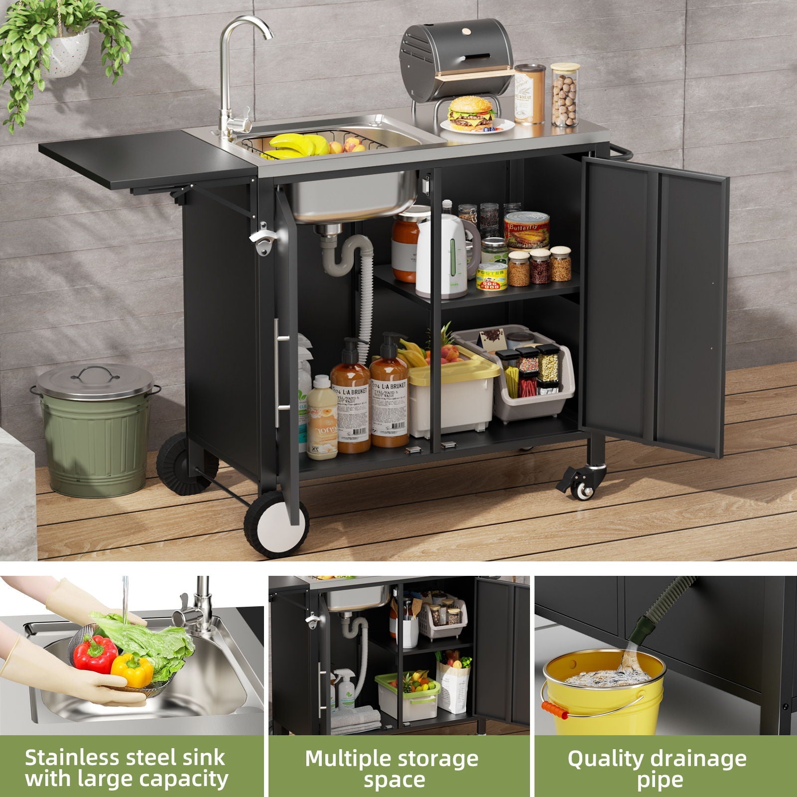 Outdoor Grill Table With Sink, Worktable Kitchen Cabinet Island With Wheels & Foldable Top - Black by HouseOfZazla