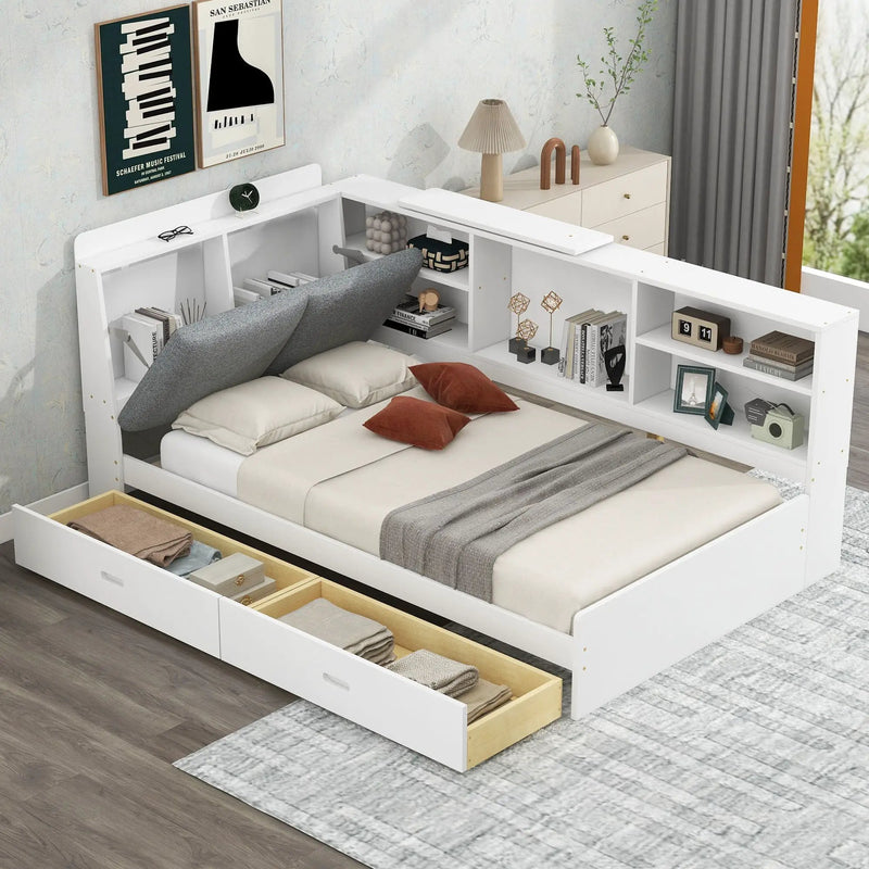 Platform Bed With Storage Headboard, Shelves And 2 Drawers by Unique Piece Furniture