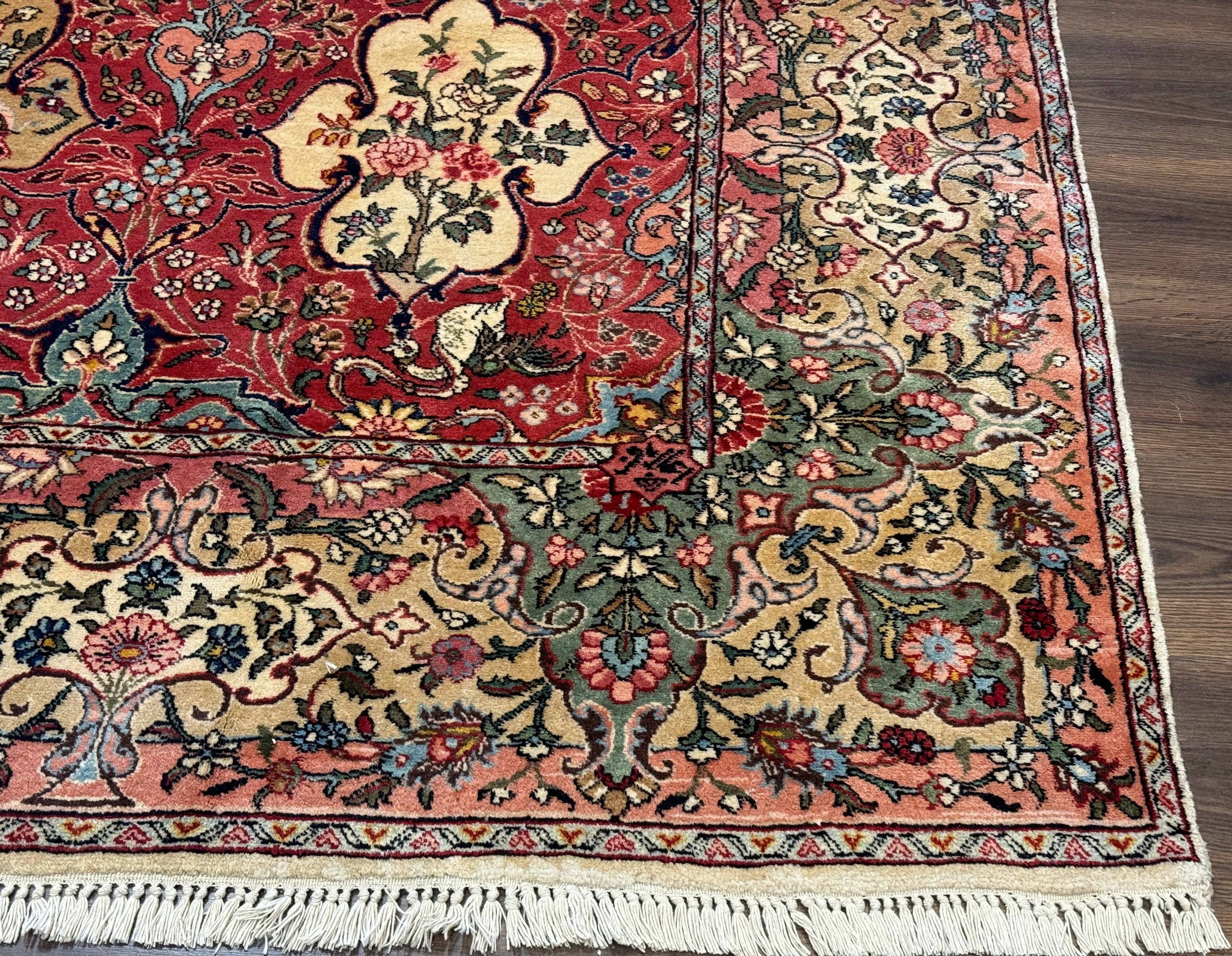 Antique Tabriz Persian Rug 7x10, Red Cream Tan, Unique Design, Fine 270 KPSI, Birds, Floral by Jewel Rugs