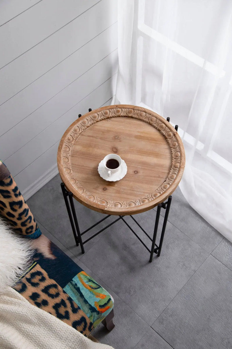 Round Side Table With Wood Top, End Table For Living Room Bedroom - Black Brown by Unique Piece Furniture