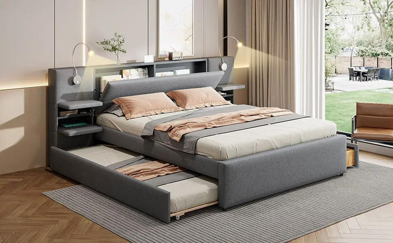 Upholstered Platform Bed With Reading Lights, Drawers, Trundle And Shelves by HouseOfZazla