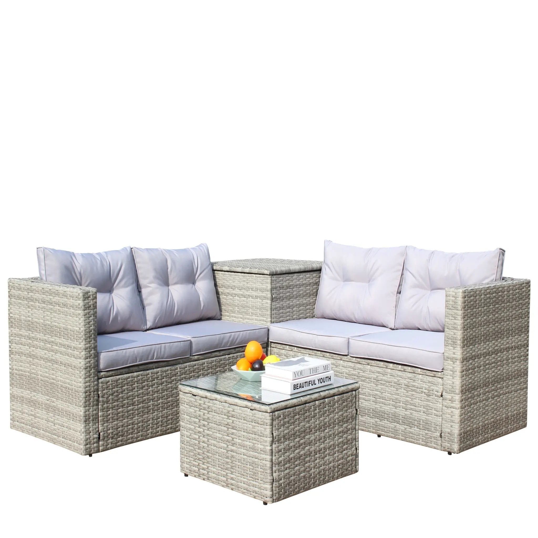 4 Piece Patio Sectional Wicker Rattan Outdoor Furniture Sofa Set with Storage Box Grey by HouseOfZazla