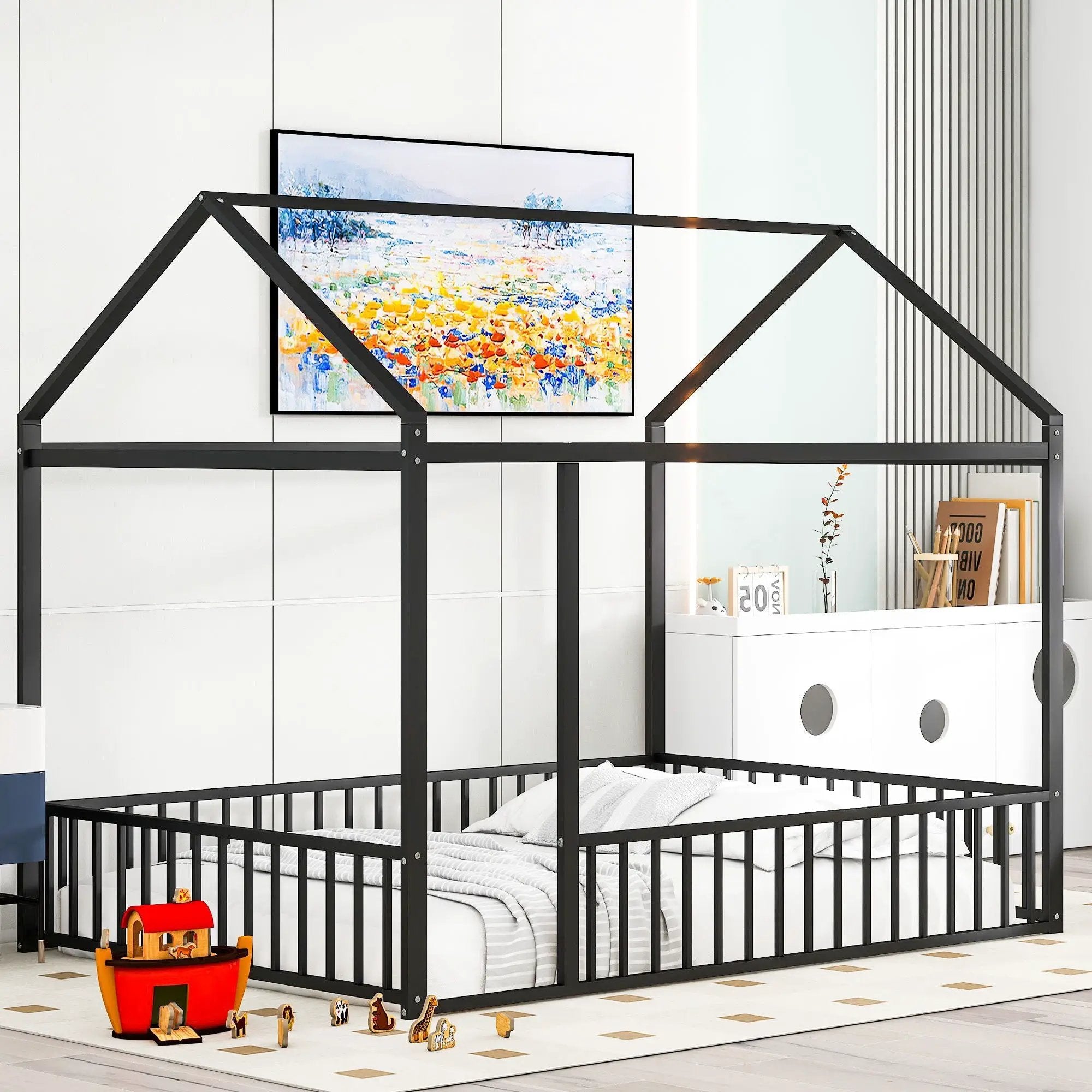 Metal Bed House Bed Frame With Fence by HouseOfZazla