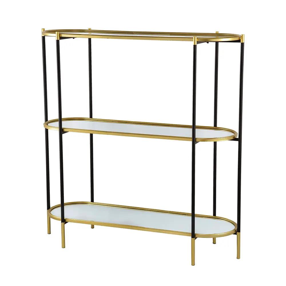 3 Tier Metal Console Table, Mirrored Shelf - Golden Black by HouseOfZazla
