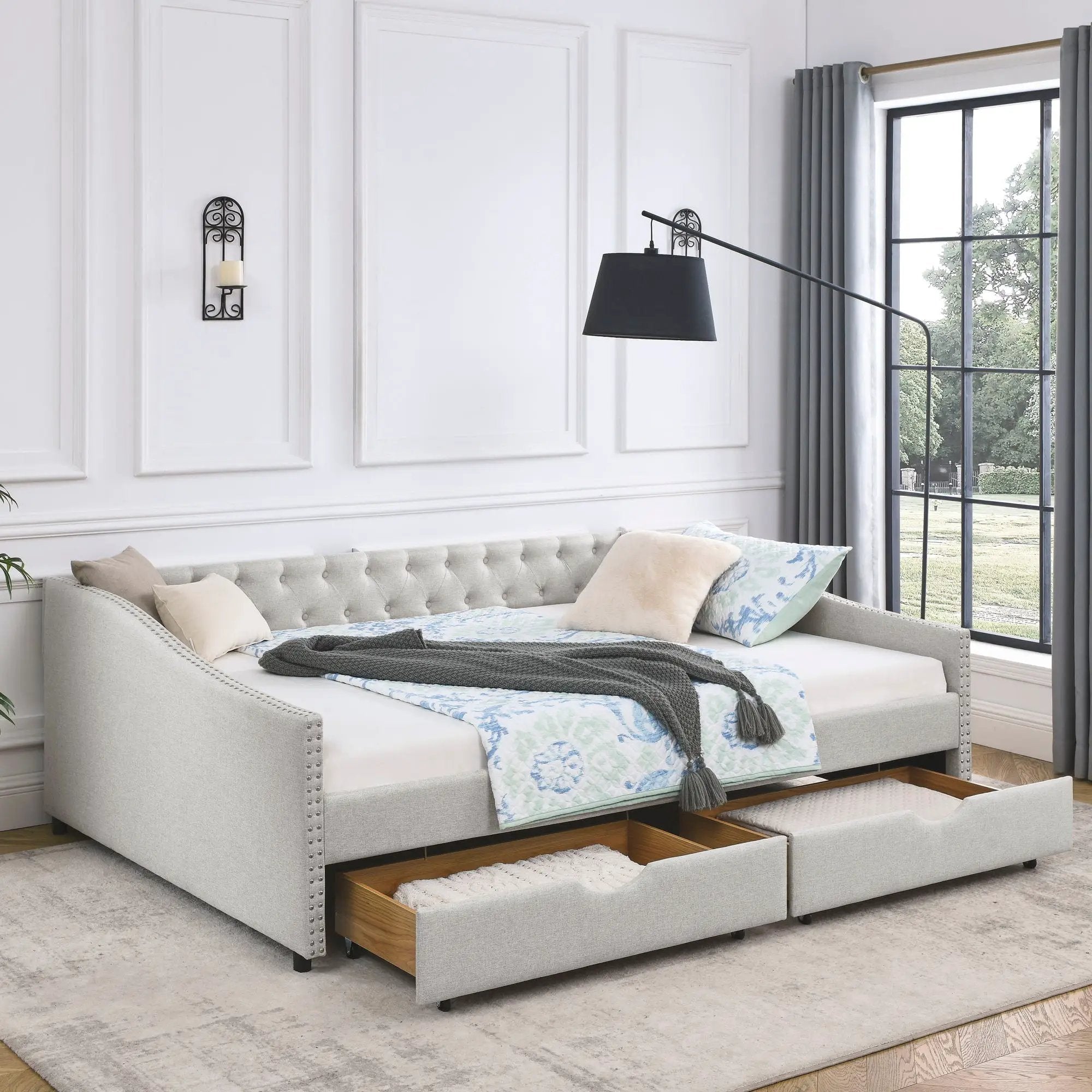 Upholstered Tufted Daybed With Drawers, Waved Arms by Unique Piece Furniture