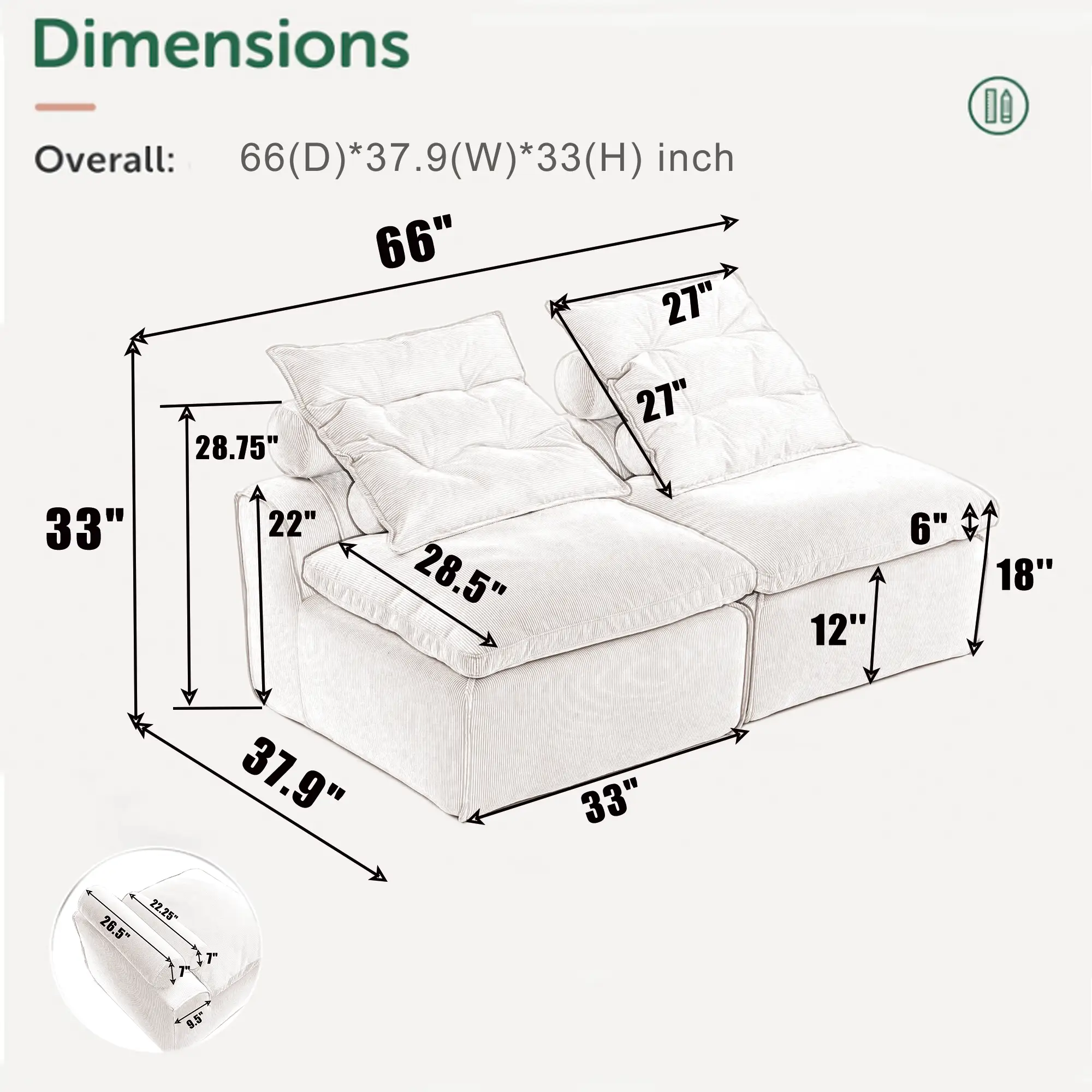 Modular Sofa with Neck and Lumbar Pillows - 2 Seats by HouseOfZazla