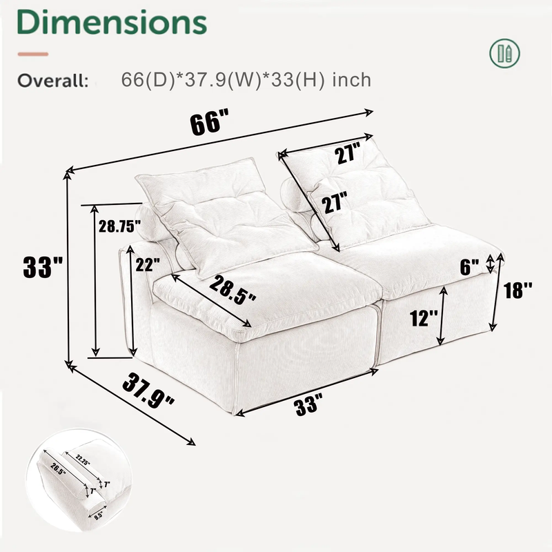 Modular Sofa with Neck and Lumbar Pillows - 2 Seats by HouseOfZazla