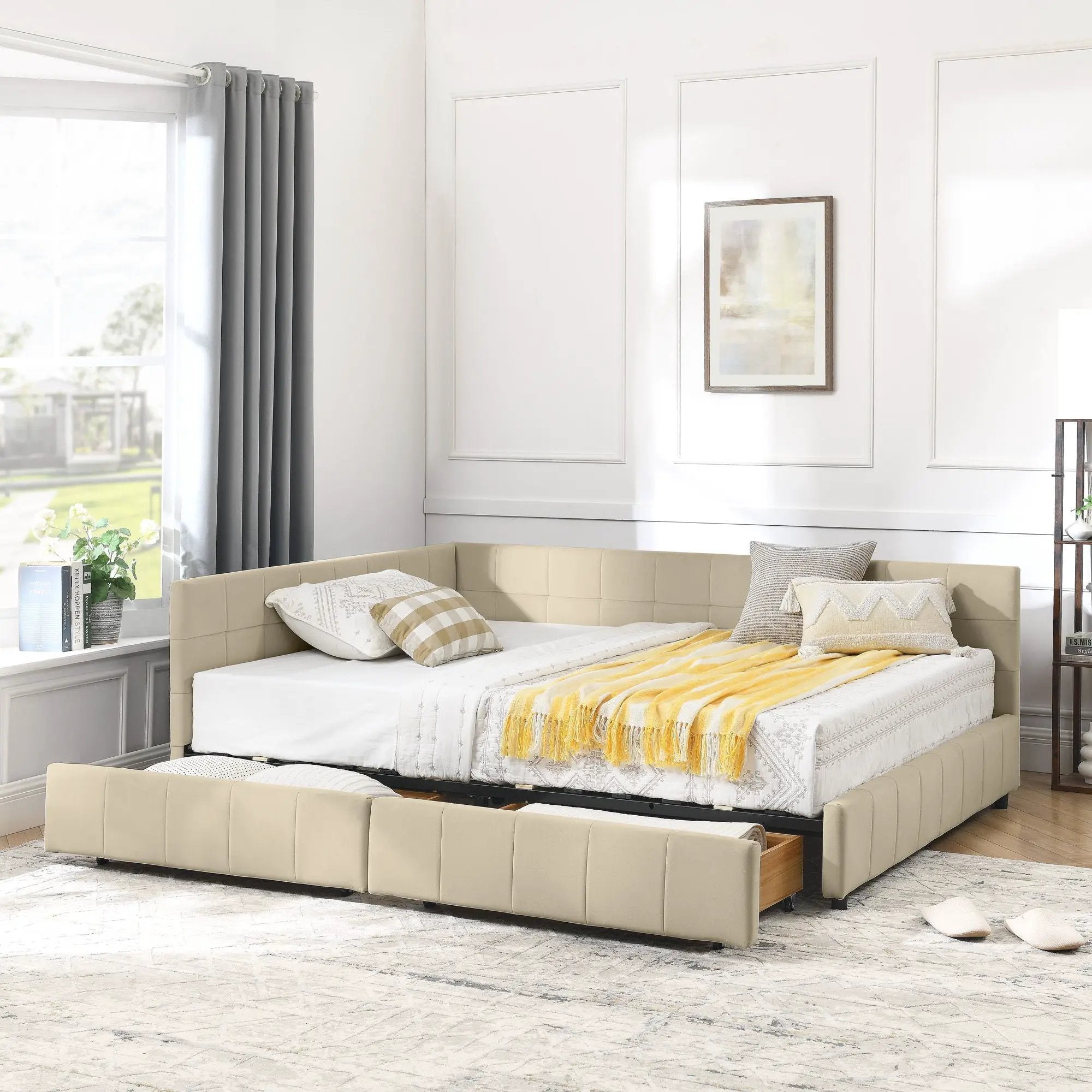 Mid-Century Storage Upholstered Tufted Bed Frame With Backrest And Armrests by Unique Piece Furniture