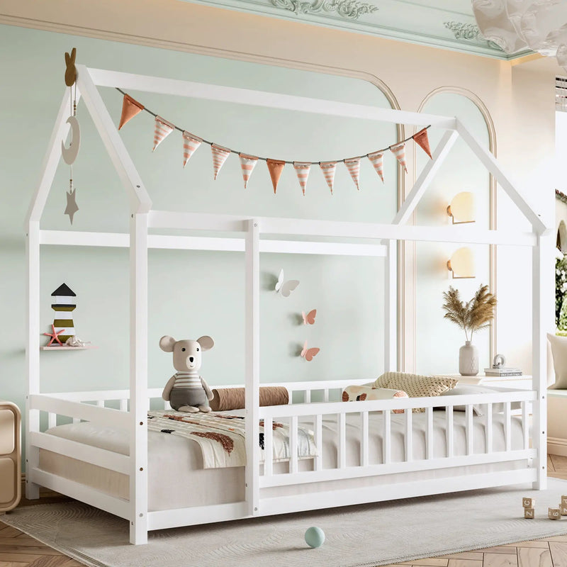 Twin Size Floor Wooden Bed with House Roof Frame by HouseOfZazla