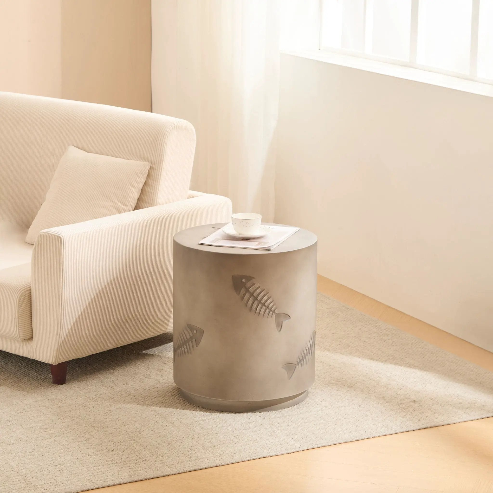 Rustic Magnesium Oxide Side Table With Fish Pattern Design - Gray by HouseOfZazla