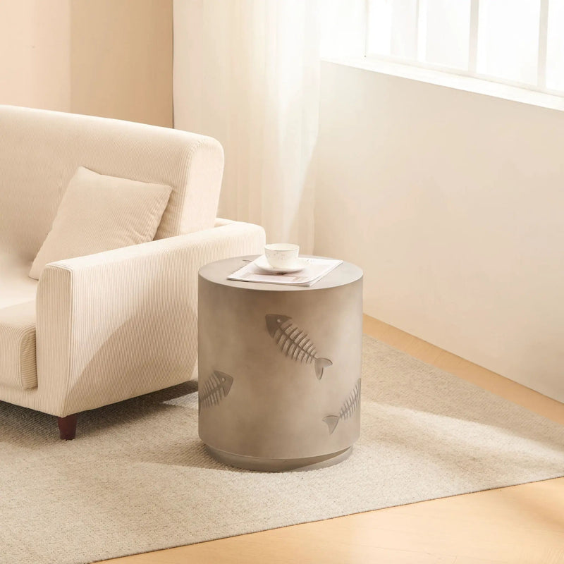 Rustic Magnesium Oxide Side Table With Fish Pattern Design - Gray by HouseOfZazla