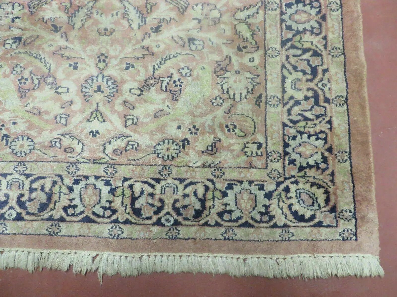 Indian Silk Rug 4x6, Indian Kashmiri Silk Carpet 4 x 6 ft, Vintage Hand Knotted Floral Bird Motifs, Light Pink and Navy Blue, Silk on Cotton by Jewel Rugs