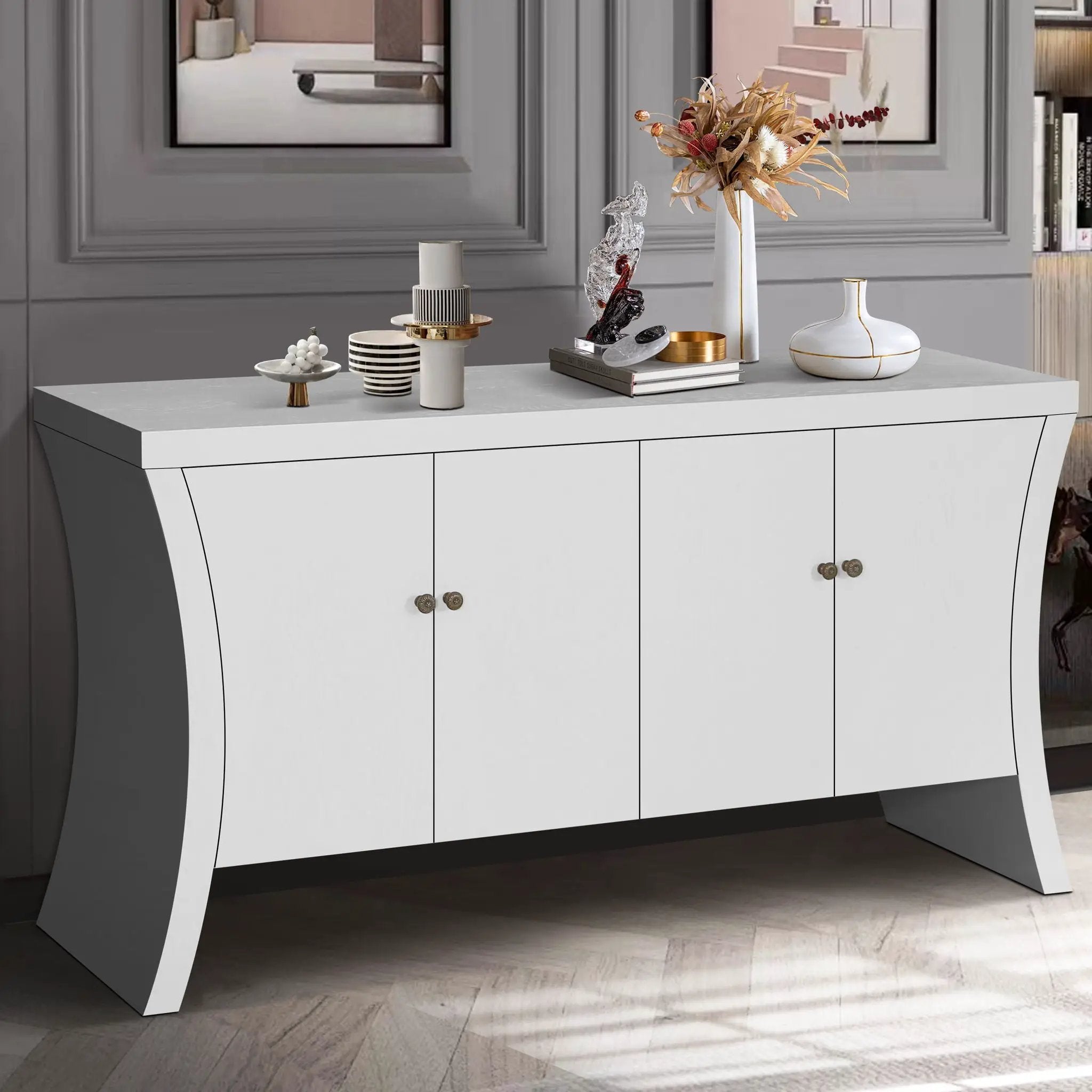 Refined Industrial 4 Door Credenza With Arc Legs & Clasps by Unique Piece Furniture