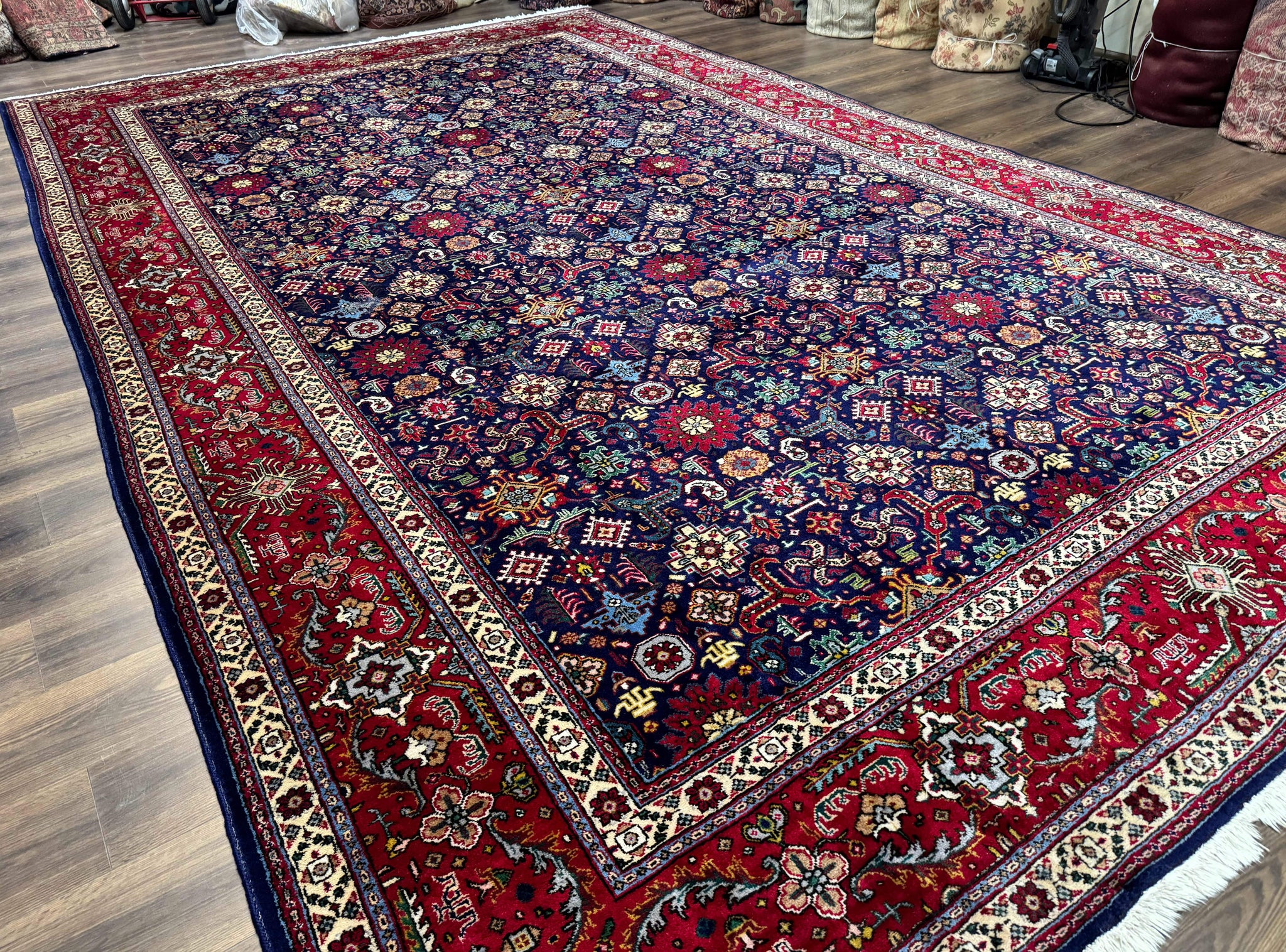 Large Persian Tabriz Rug 10x16, Navy Blue and Red, Allover Pattern, Vintage Hand Knotted Wool Carpet by Jewel Rugs