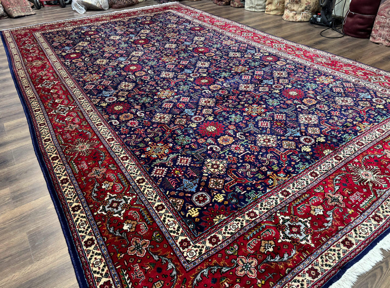 Large Persian Tabriz Rug 10x16, Navy Blue and Red, Allover Pattern, Vintage Hand Knotted Wool Carpet by Jewel Rugs