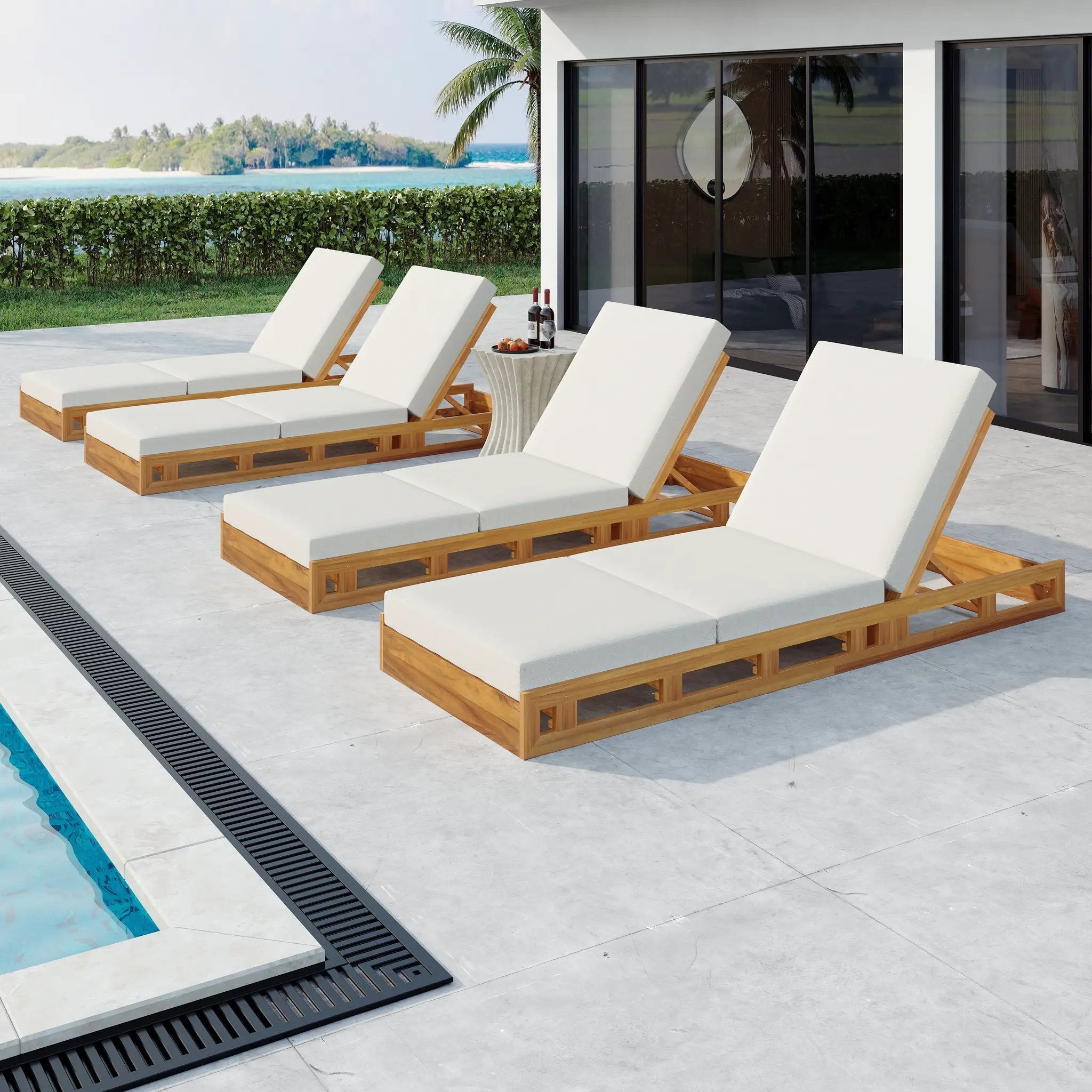 Lounge Chaise Set, Acacia Solid Wood with Lounge Cushion (Cream & Triple Fold) - Matching Dark by HouseOfZazla