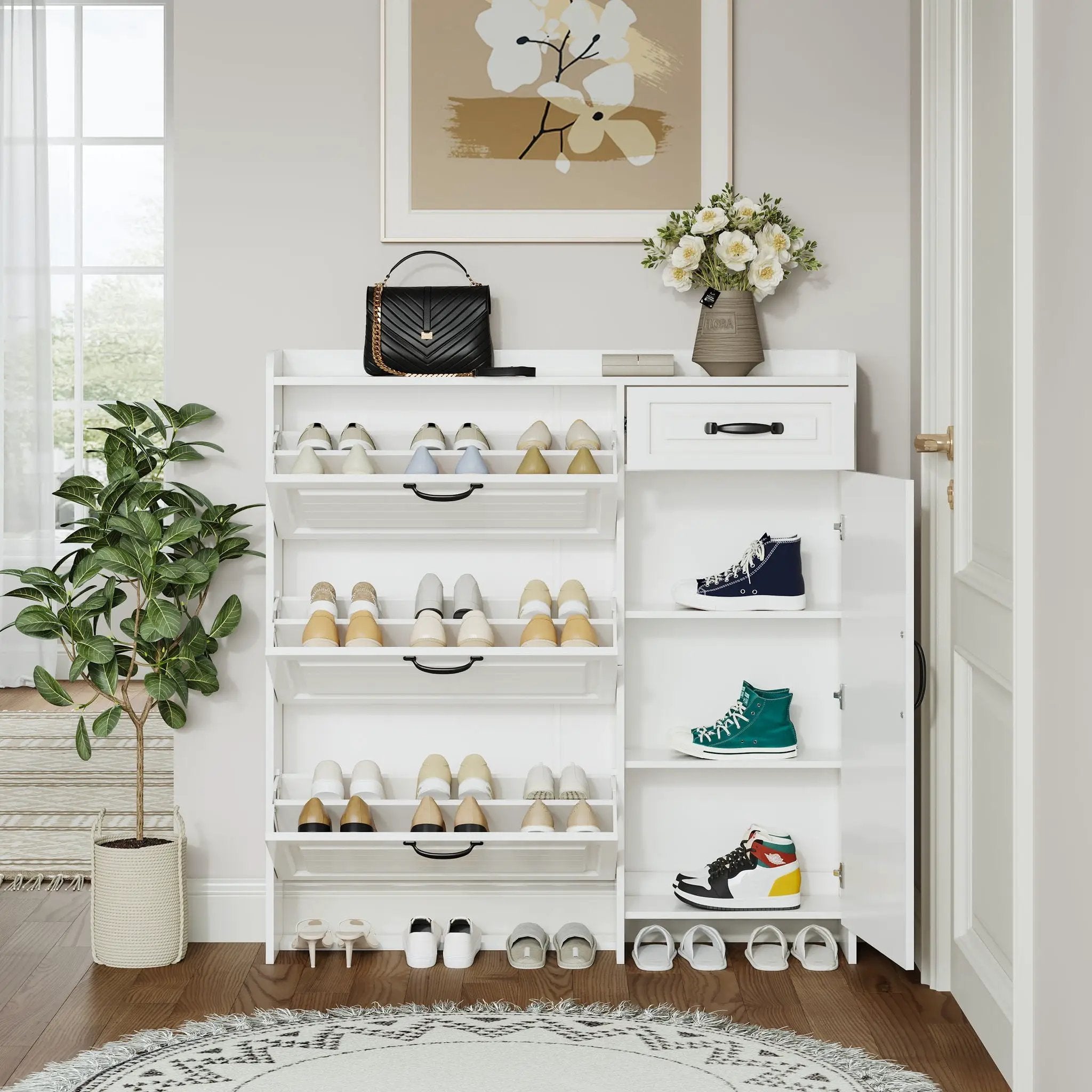 Shoe Cabinet With 4 Doors 1 Drawers, PVC Door With Shape, Large Space For Storage - White by Unique Piece Furniture