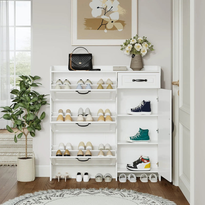 Shoe Cabinet With 4 Doors 1 Drawers, PVC Door With Shape, Large Space For Storage - White by HouseOfZazla