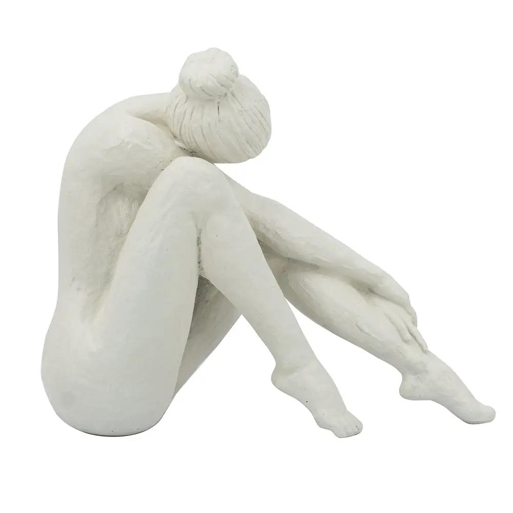 10.5x4.5x9' Seated Stone and Resin Woman Figurine with Smooth White Finish by HouseOfZazla