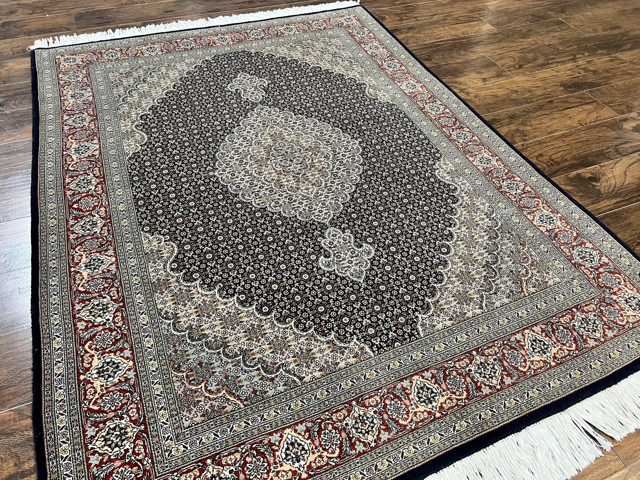 Persian Tabriz Rug 5x7, Wool with Silk Highlights, Hand Knotted Vintage Oriental Carpet, Very Fine, Herati Mahi Pattern, Black, Rare by Jewel Rugs
