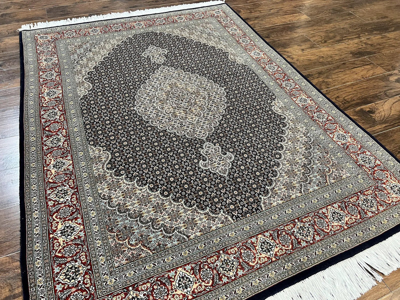 Persian Tabriz Rug 5x7, Wool with Silk Highlights, Hand Knotted Vintage Oriental Carpet, Very Fine, Herati Mahi Pattern, Black, Rare by Jewel Rugs