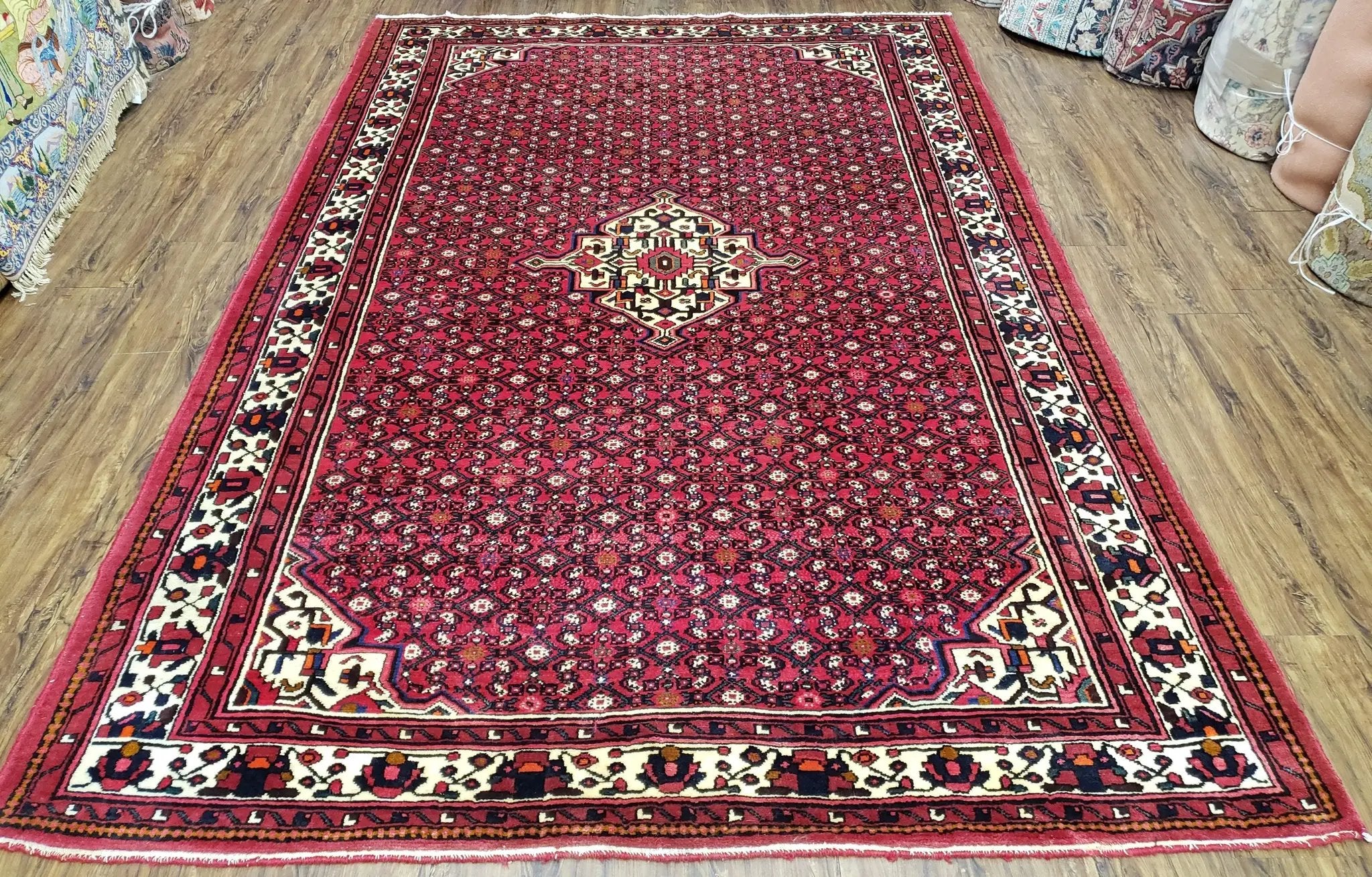 Vintage Persian Hamedan Rug 7x10, Angelas Mahi Pattern, Red, Wool, Hand-Knotted by Jewel Rugs