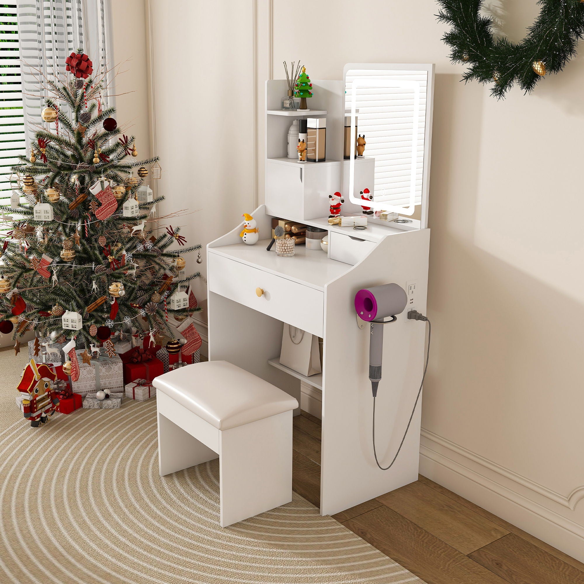 LED Vanity Mirror With Stool, 2 Drawers & 5 Storage Cabinets, Adjustable Lighting Mdf Dressing Table For Bedroom - White