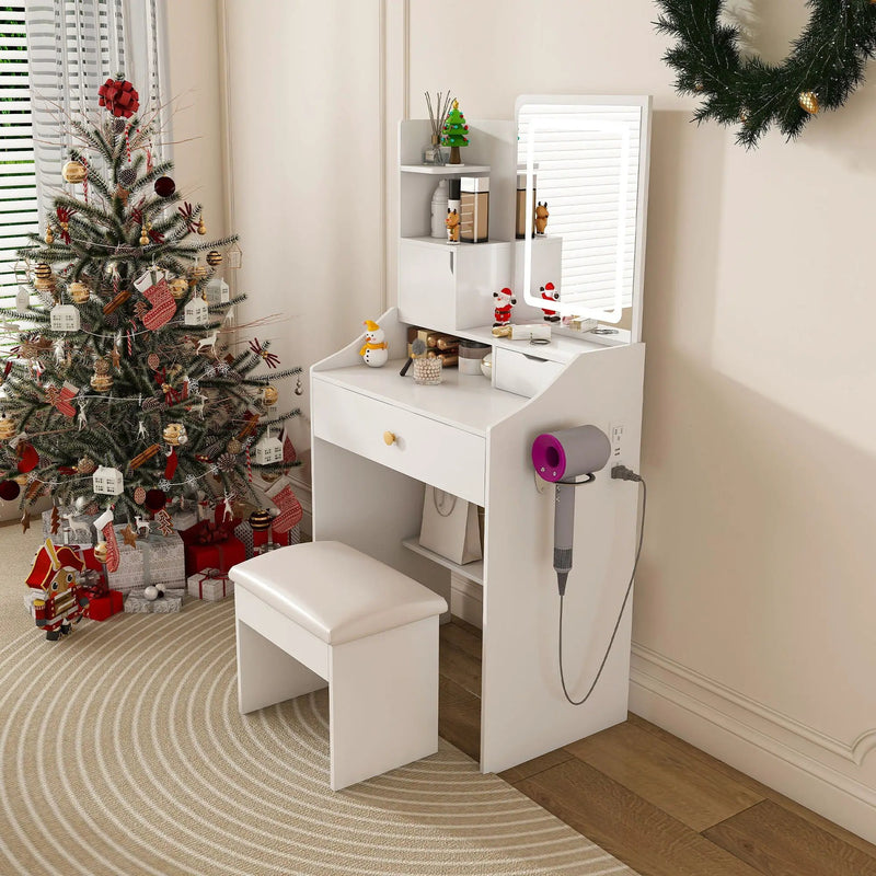 3 Color LED Vanity Mirror With Stool, Dressing Table For Bedroom, 2 Drawers & 5 Storage Cabinets (4 Open + 1 Hidden), Adjustable Lighting - White by HouseOfZazla
