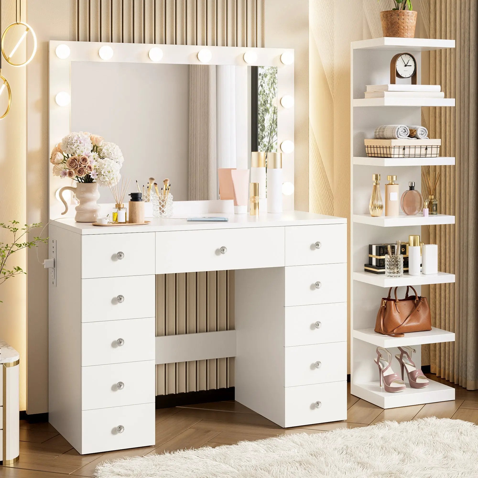 Vanity Desk with 11 Hollywood Bulbs & 7-Tier Storage Shelves by HouseOfZazla