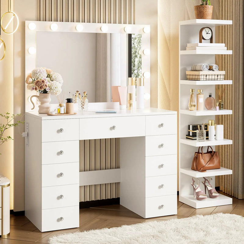 Vanity Desk with 11 Hollywood Bulbs & 7-Tier Storage Shelves by HouseOfZazla