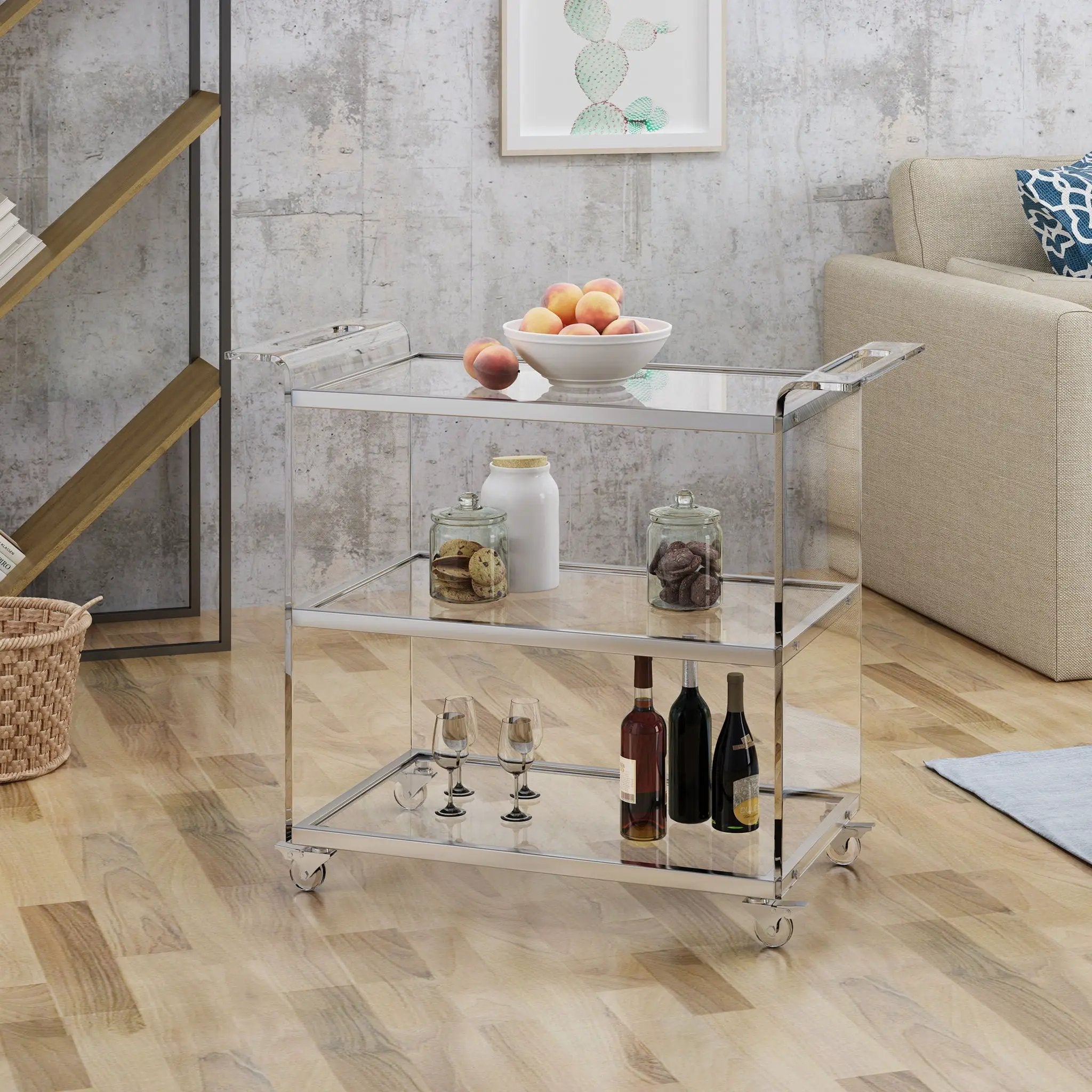 Elegant Acrylic Bar Cart With Tempered Glass Shelves And Rattan Metal Frame - Clear by HouseOfZazla