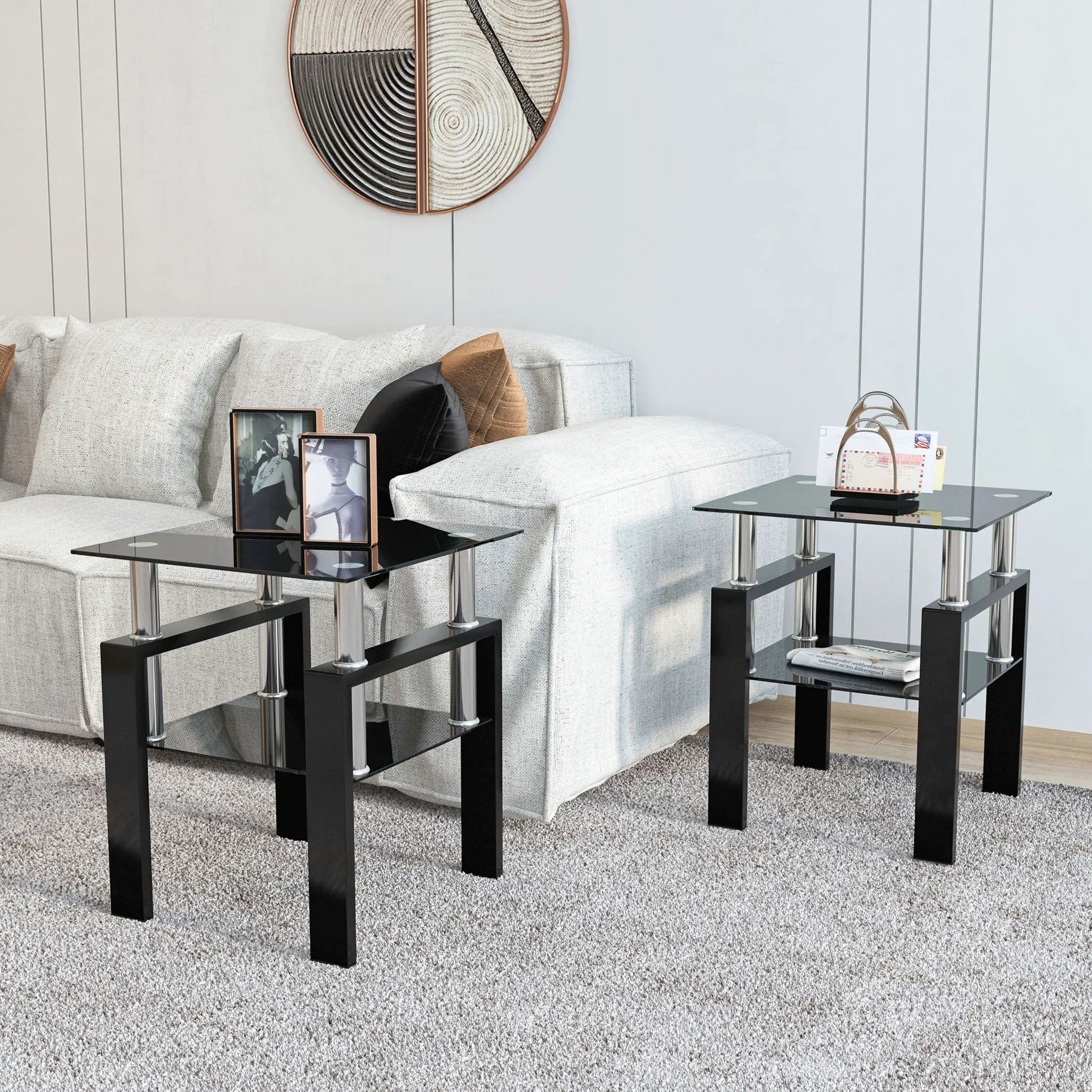 Modern Tempered Glass Tea Table, End Square Table For Living Room (Set of 2) - Black by Unique Piece Furniture