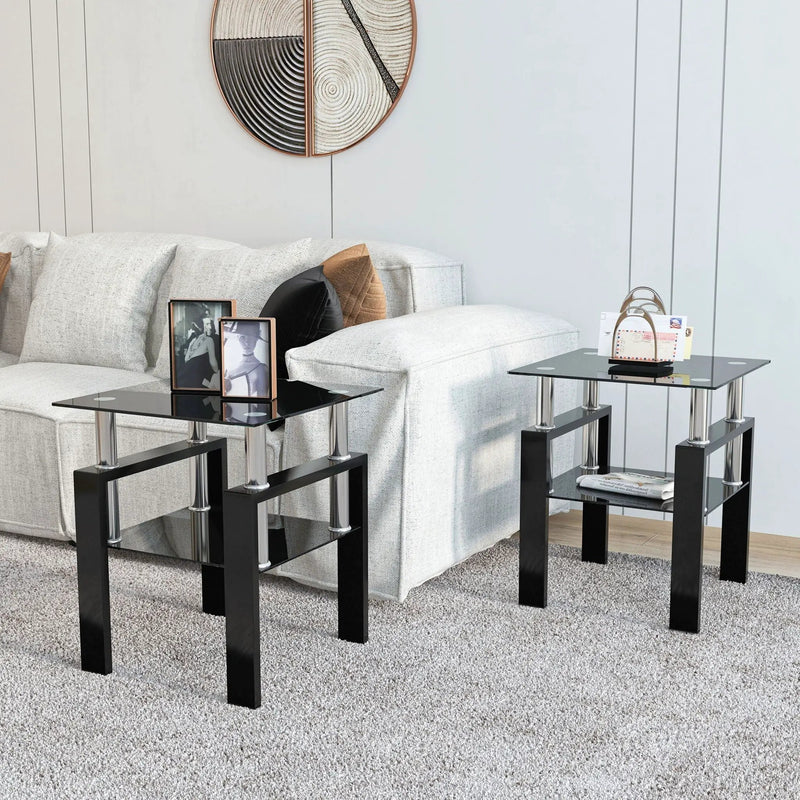 Modern Tempered Glass Tea Table, End Square Table For Living Room (Set of 2) - Black by Unique Piece Furniture