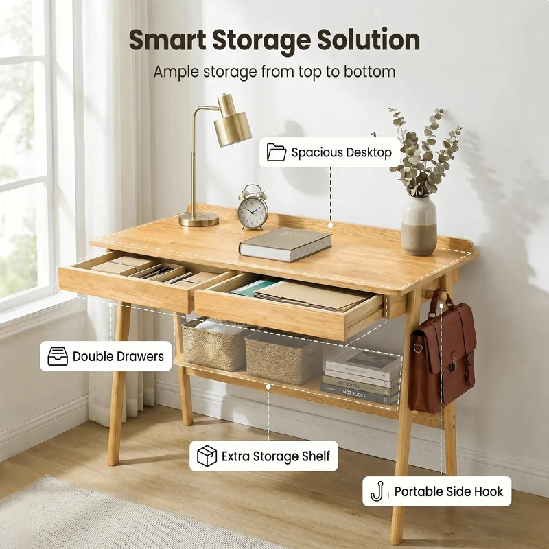 Solid Wood Writing Desk with 2 Drawers & Storage Shelf by HouseOfZazla