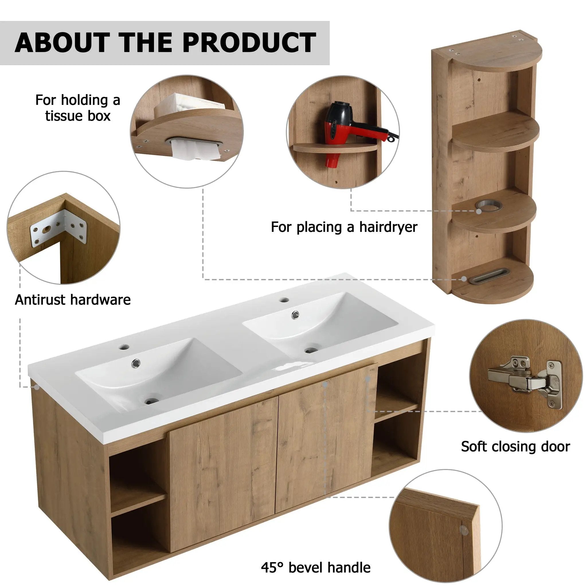 Modern 48" Wall Mounted Bathroom Vanity With Double Resin Sink And Storage Rack Soft Close Doors - Imitative Oak by Unique Piece Furniture
