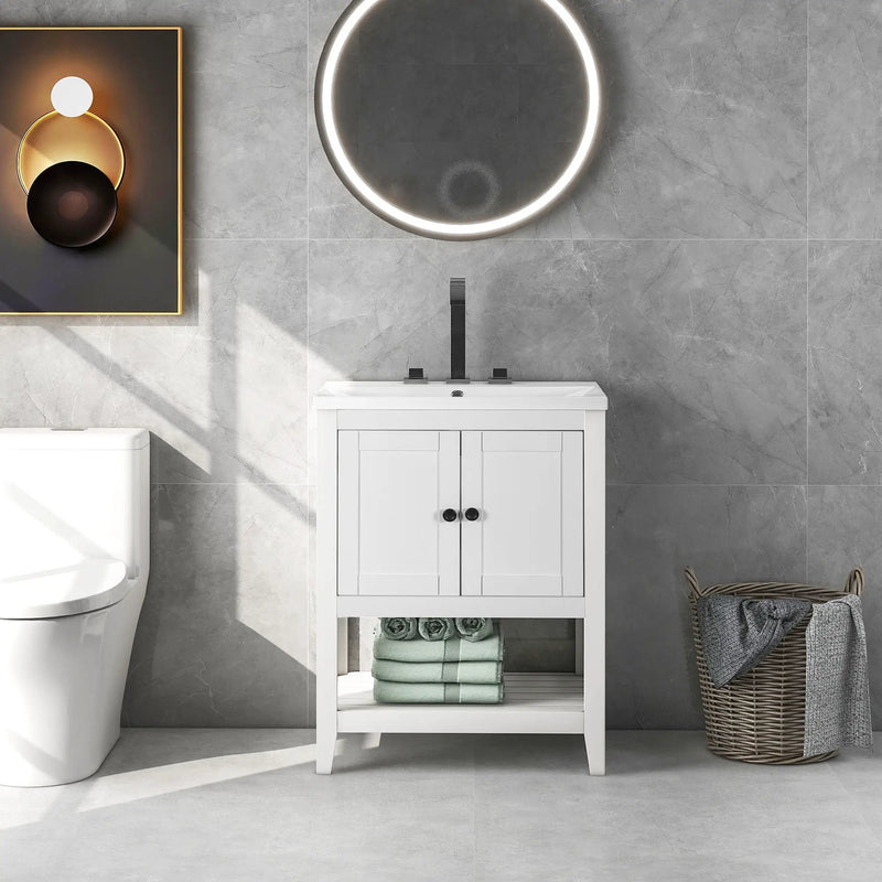 Modern Sleek Bathroom Vanity Elegant Ceramic Sink With Solid Wood Frame Open Style Shelf - White by Unique Piece Furniture