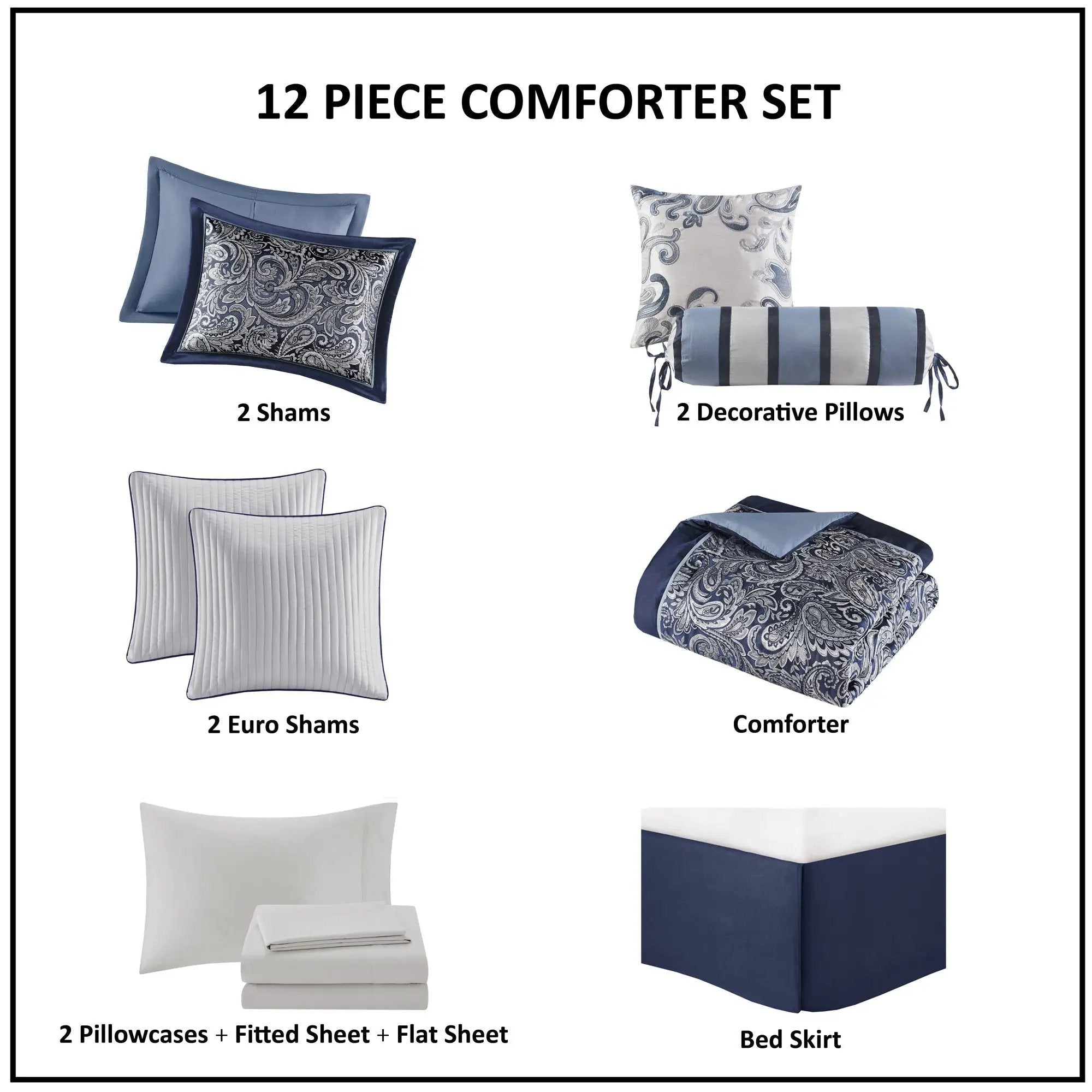 12 Piece Comforter Set with Cotton Bed Sheets Navy Cal King by HouseOfZazla