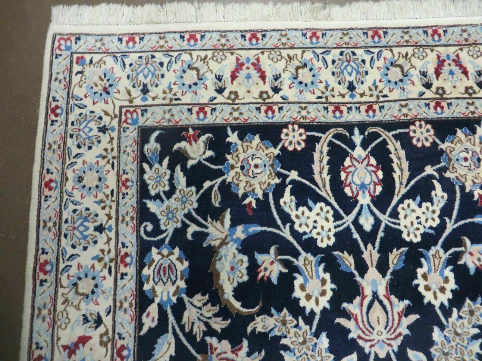 Persian Nain Rug 4x7, Navy Blue and Ivory, Handmade, Wool & Silk Highlights, Fine Oriental Rug, Vintage by Jewel Rugs