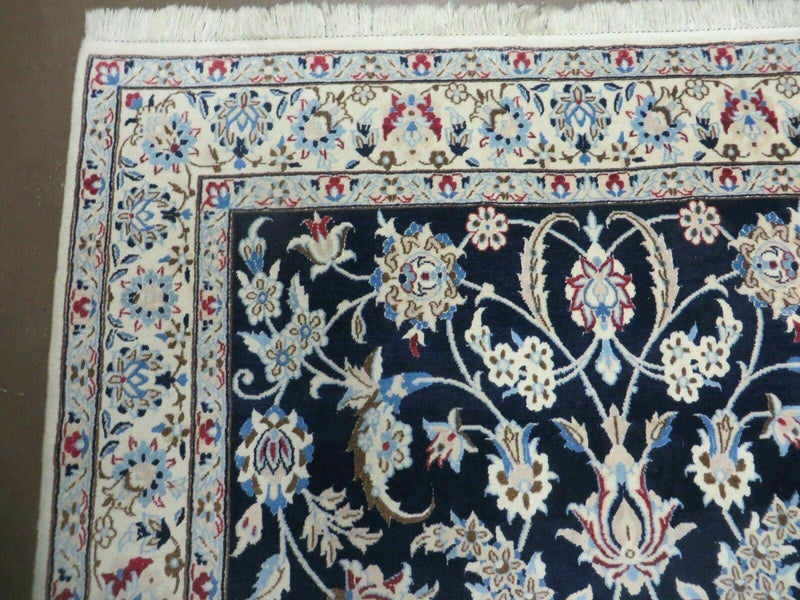 Persian Nain Rug 4x7, Navy Blue and Ivory, Handmade, Wool & Silk Highlights, Fine Oriental Rug, Vintage by Jewel Rugs