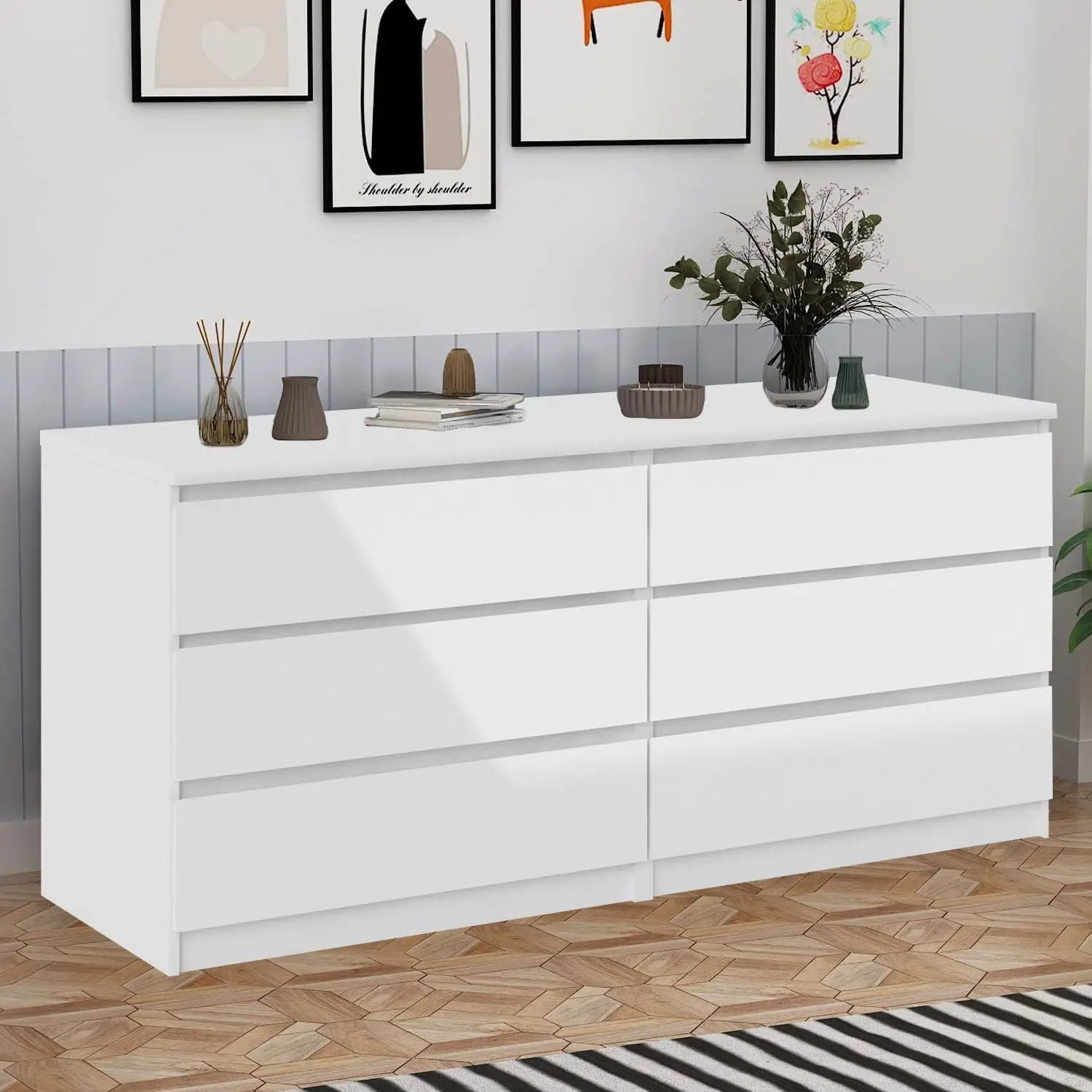 6 Drawer Double Dresser For Bedroom Living Room Hallway - White by HouseOfZazla