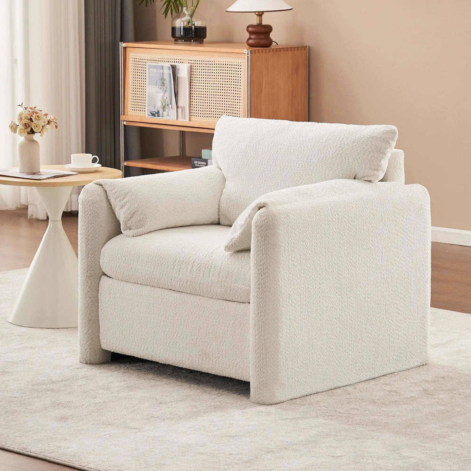 Fixed Modern Accent Chair Single Seater Plush Chenille Lounge Chair With High Resilience Cushion - Ivory White by HouseOfZazla